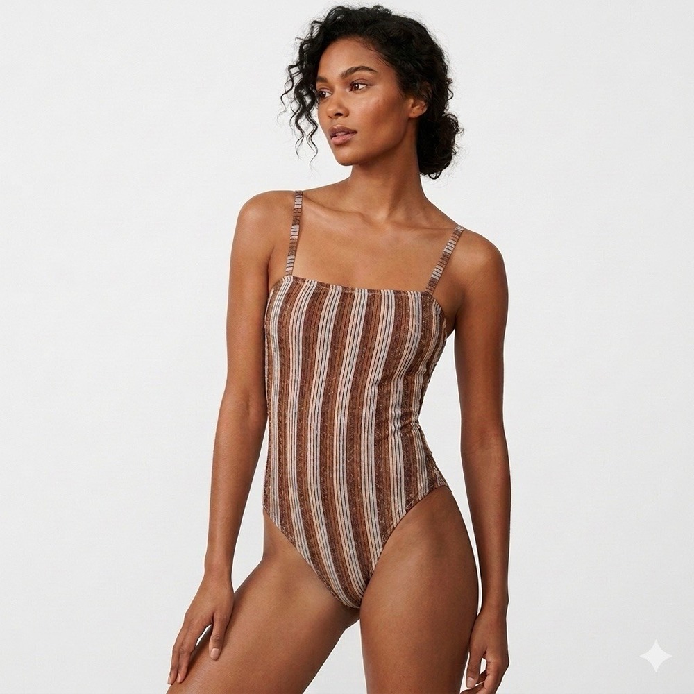 Aerie Sparkle Bandeau One Piece Swimsuit Blue Mist Striped Brown Lurex XXS NWT